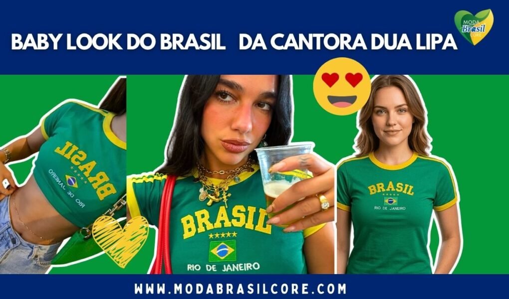 cantora Dua Lipa com camisa baby look retrô do brasil