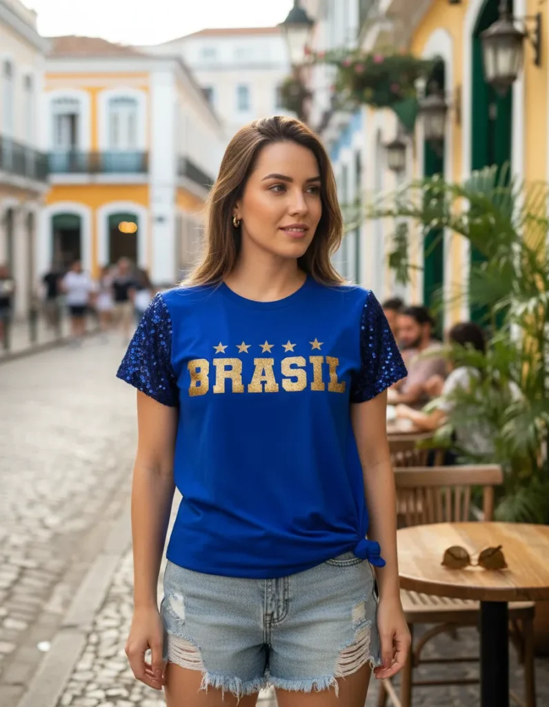 Blusa Manga com Paetê Brasil Copa azul feminina