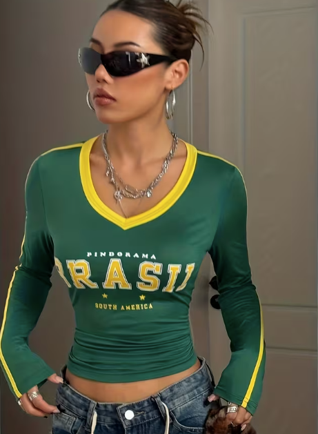 Camiseta Casual Feminina de Manga Longa com Estampa Brasil 