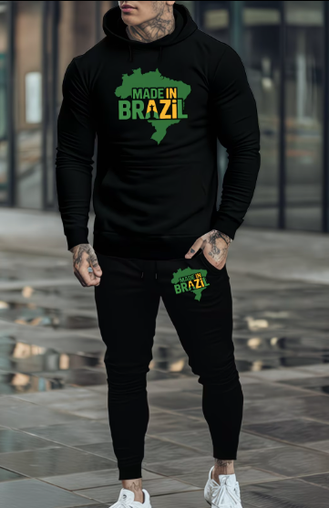 Conjunto de Moletom Masculino do Brasil  com Capuz preta