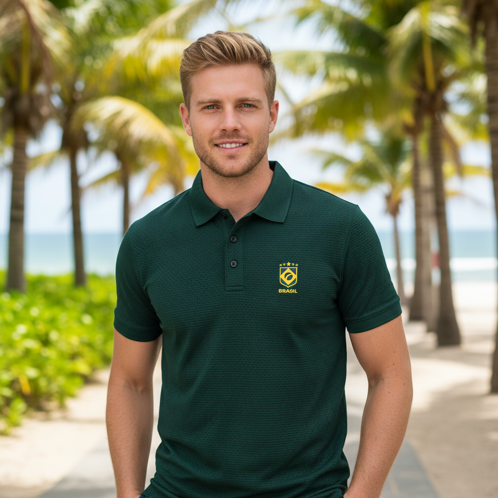 Camisa Polo do Brasil verde com simbolo do brasil vendida da Temu