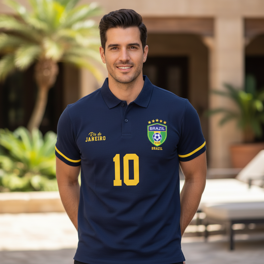Camisa Azul  Polo do Brasil bordada com numero 10, vendida na temu