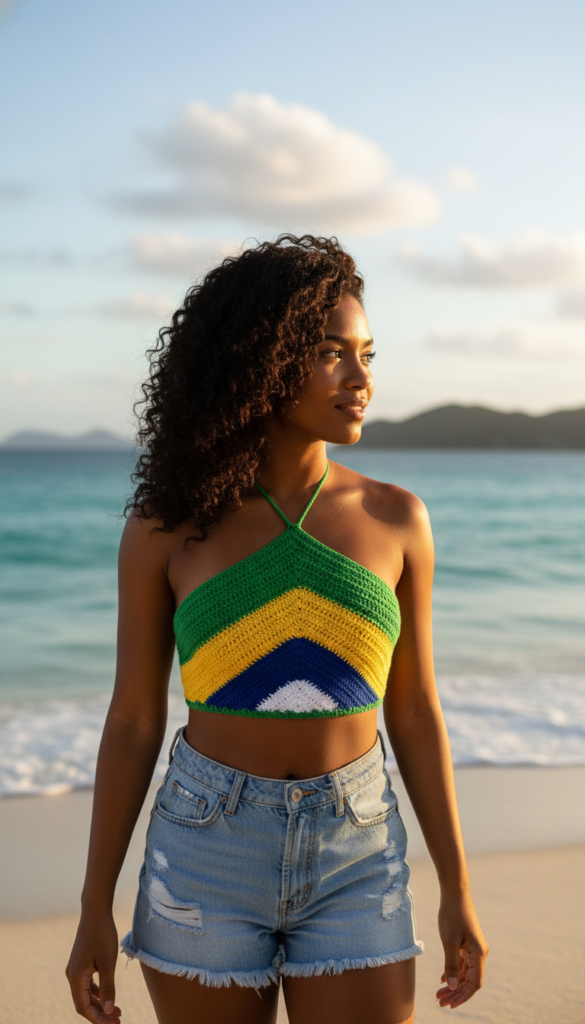 Cropped Crochê Feminino Tricô Frente Única: A Tendência Brasilcore para a copa do mundo