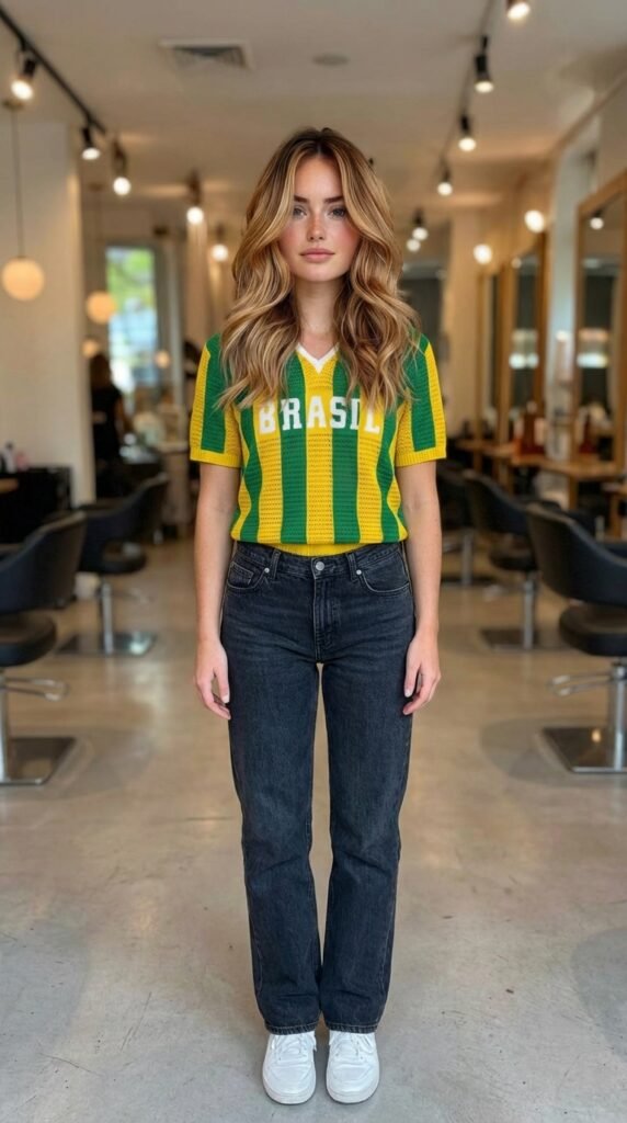 mulher Blusa Crochê Feminina Brasil Tricot Oversized verde e amarela 