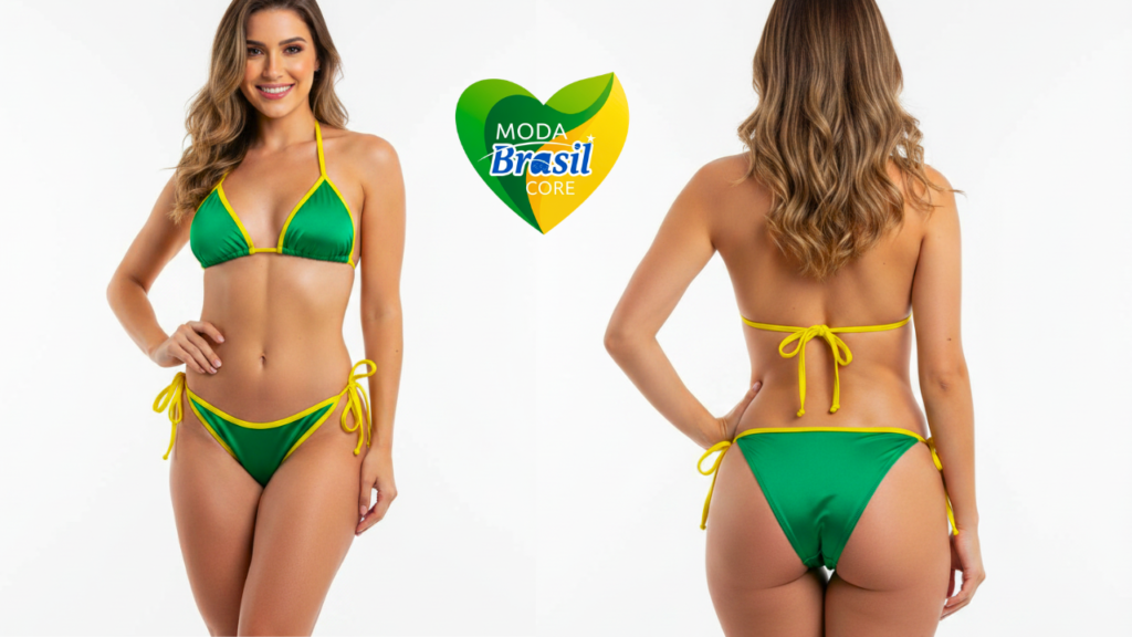Mulher usando biquini verde e amarelo cores do brasil