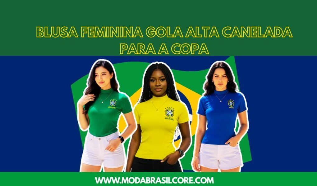Três mulheres usando Blusa Feminina Gola Alta Canelada, cor verde,azul e amarela