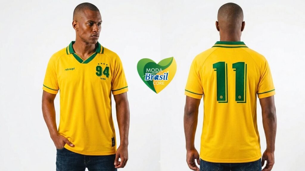 Homem usando a Camisa Brasil 1994 Retrô Masculina, de frente e de costas