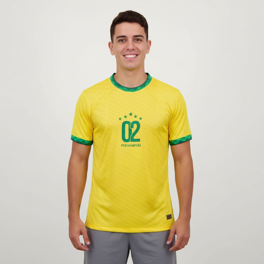 homem usando Camisa Brasil Amarela Masculina Plus Size R9 Copa 2002 Retrô