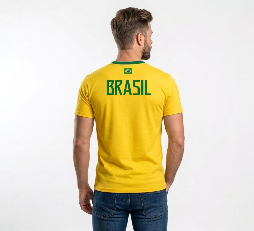 home de costa mostrandetalhes da camisa, Camisa Brasil Camiseta Torcedor Futebol Masculina Dry Fit