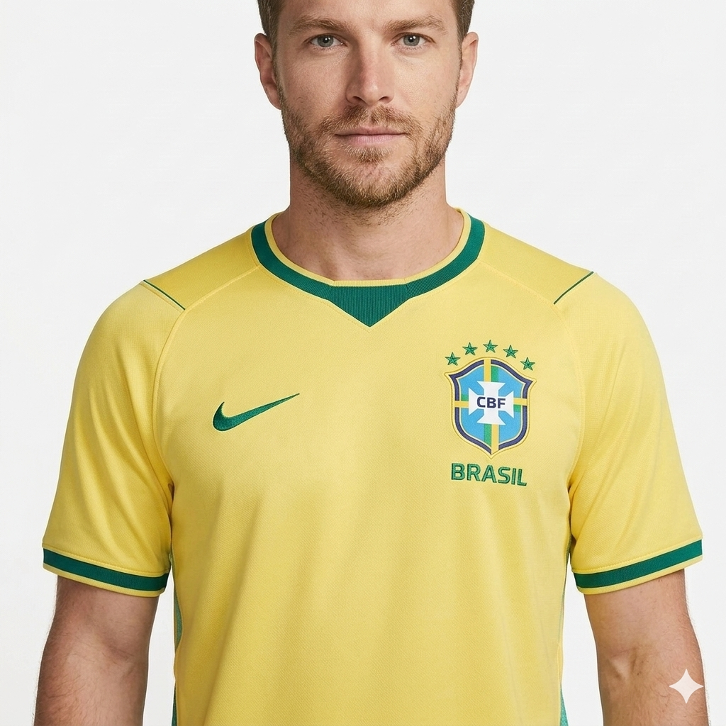 homem loiro com a Camisa Brasil Nike Torcedor Masculina  Amarelo e Verde 