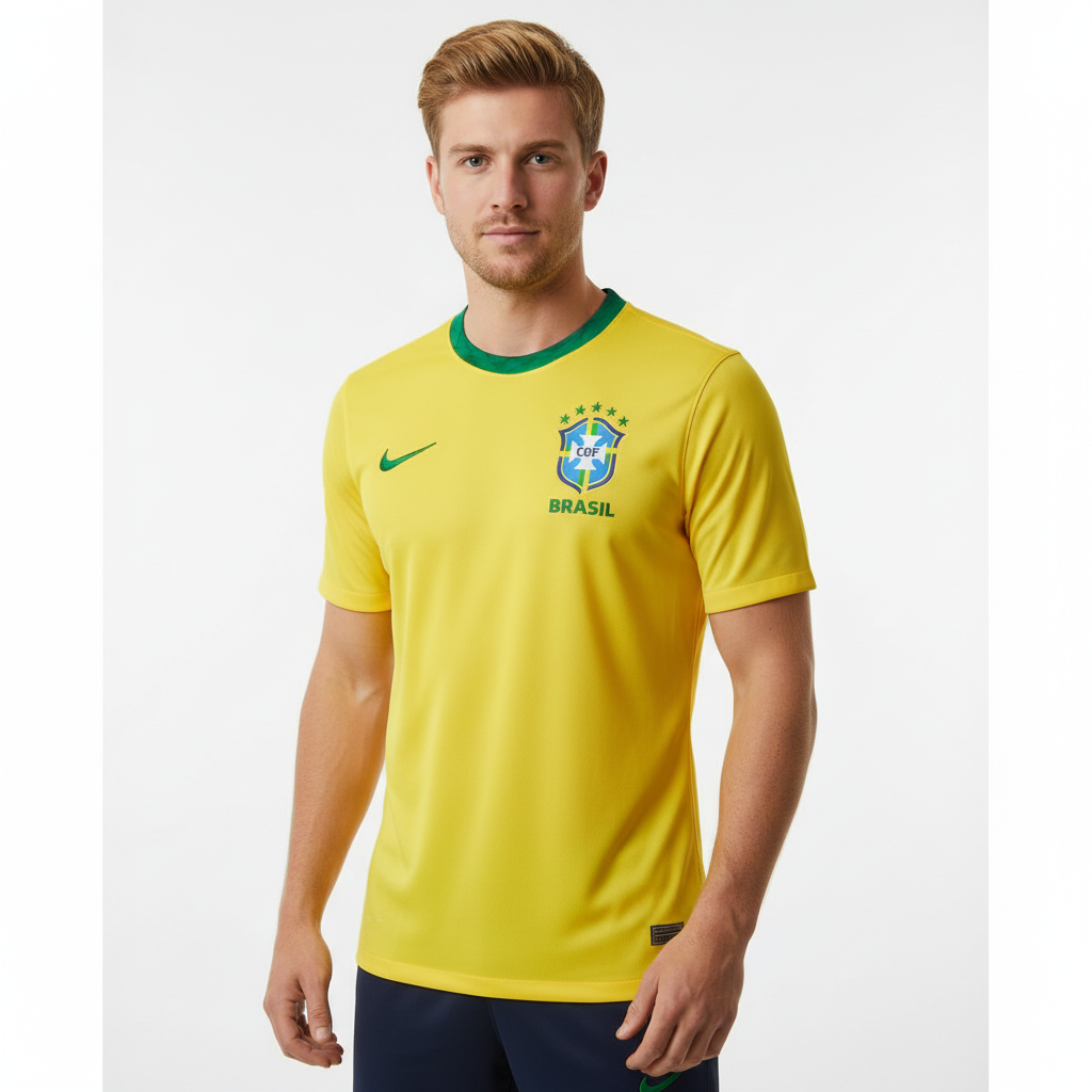 Homem loiro  usando Camisa Brasil Nike  2026/27  Fã Masculina  Produto Original 