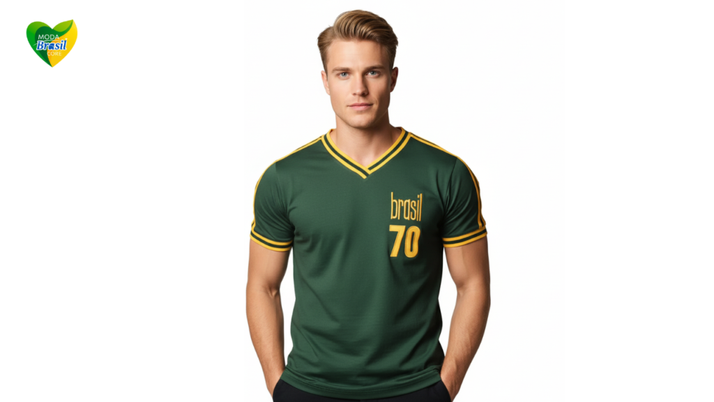 Camisa alusiva do Brasil inspirada nos treinamentos para a copa de 70, quando a seleção foi campeã mundial com Pelé 