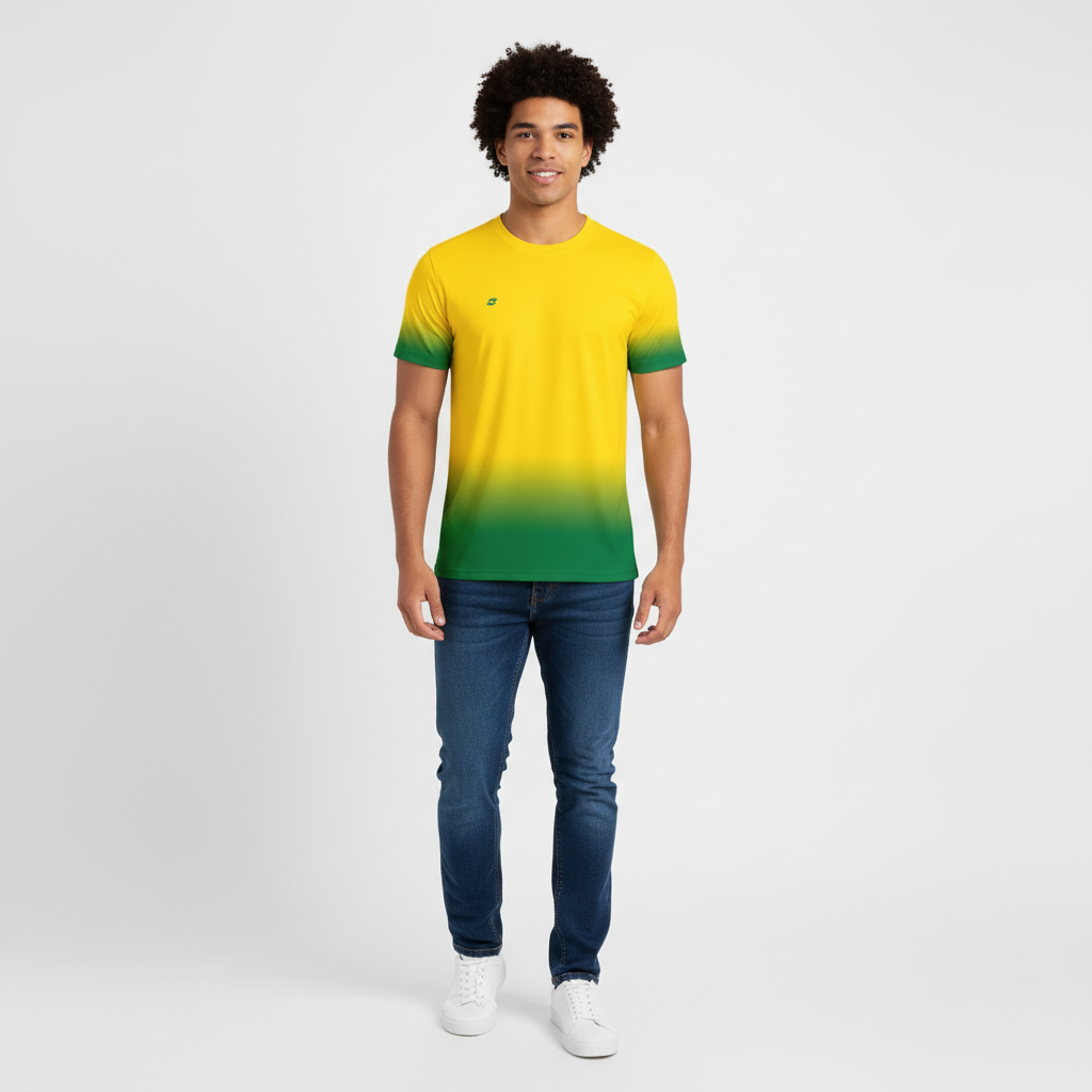 Homem usando camisa bicolor Camisa Direita Brasileira Torcida Copa Mundo Brasil Seleção