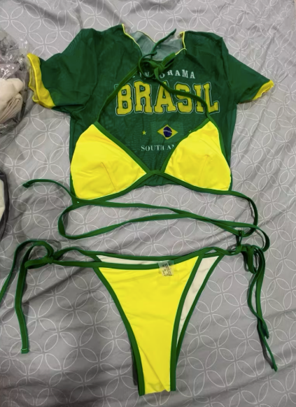 conjunto de biquini amarelo  do Brasil mais crooped verde, escrita "Pindorama brasil, south america.