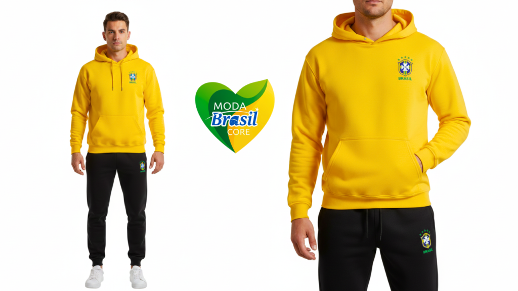 Homem usando Conjunto Moletom Canguru Calça Blusa Seleção Brasileira amarela e calca preta do brasil