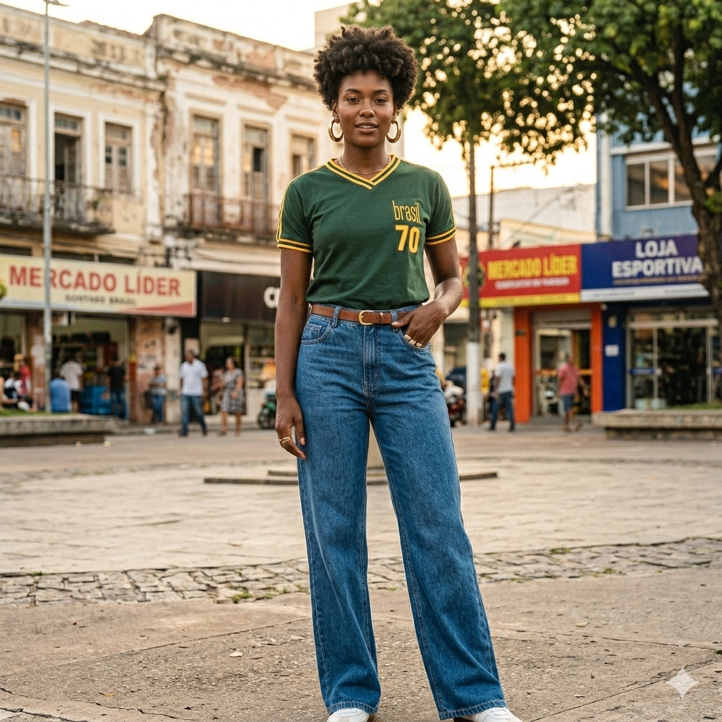 mulher usando Camisa verde  Brasil Pelé Retrô Treino 1970, com calça jeans 