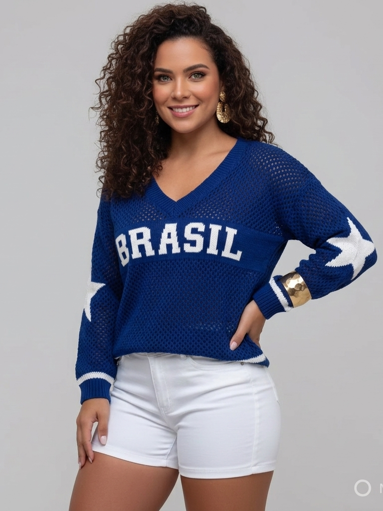 Mulher Blusa Feminina Tricot Brasil cor azul 
