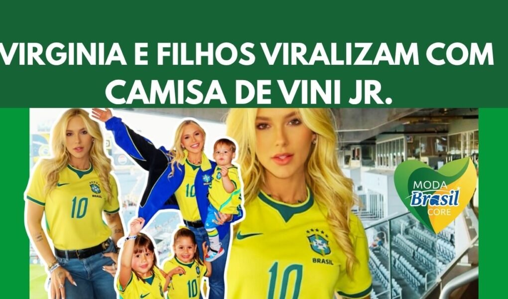 Virginia e filhos usando camisa de Vini Jr da Seleção Brasileira para torcer contra a Croácia