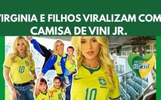 Virginia e filhos usando camisa de Vini Jr da Seleção Brasileira para torcer contra a Croácia