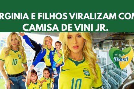 Virginia e filhos usando camisa de Vini Jr da Seleção Brasileira para torcer contra a Croácia