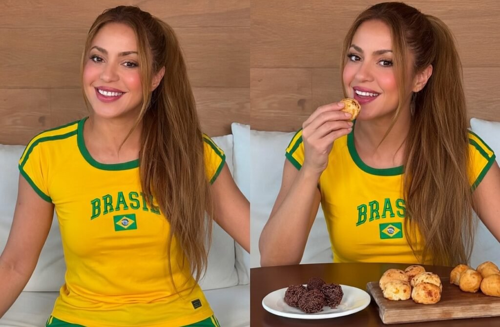 imagens internet: Shakira com blusa retrô do Brasil prova comidas do brasileiras pão de queijo e brigadeiro 