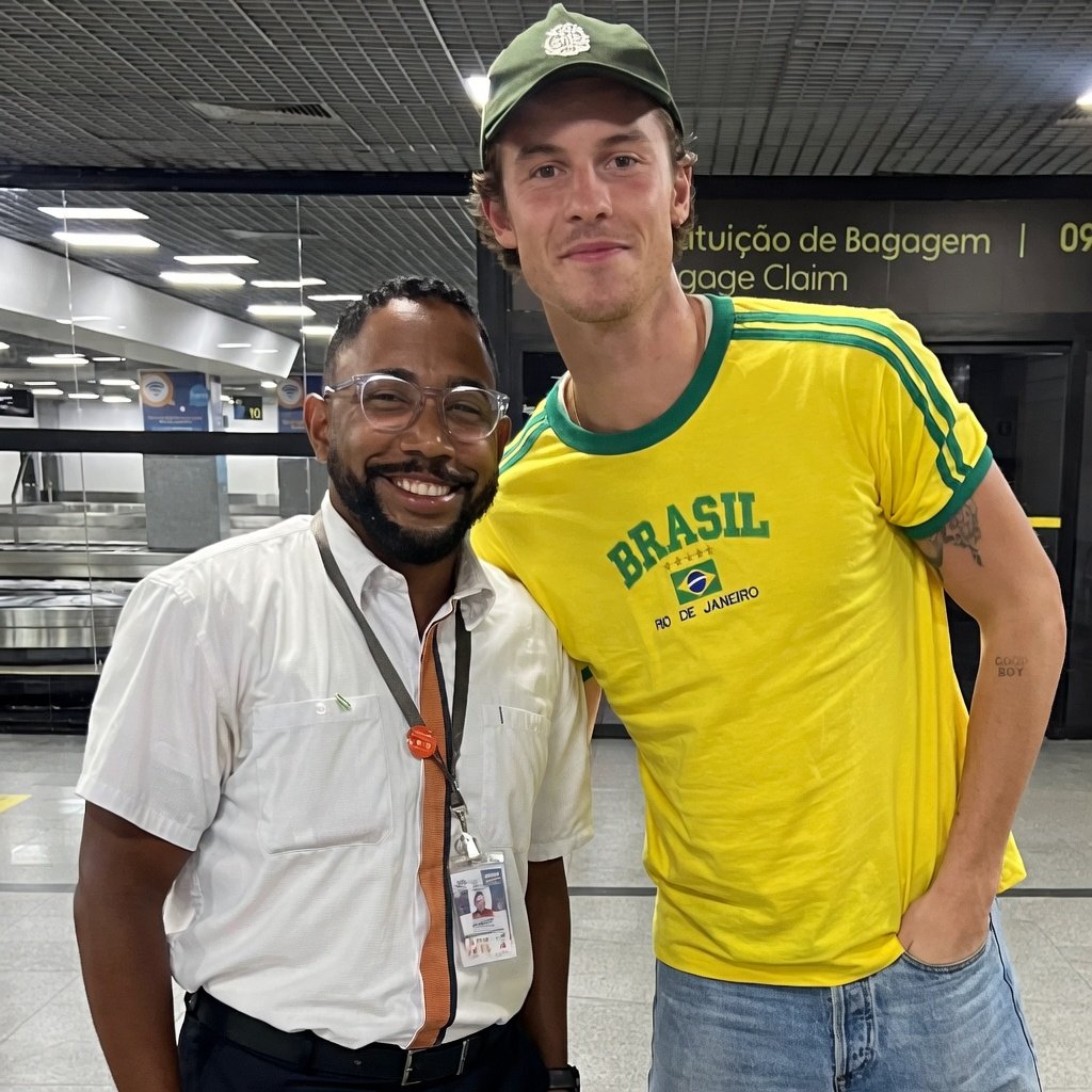 
Shawn Mendes Brasil 2026
look Brazilcore, no aeroporto tirando fotos com os fãs
