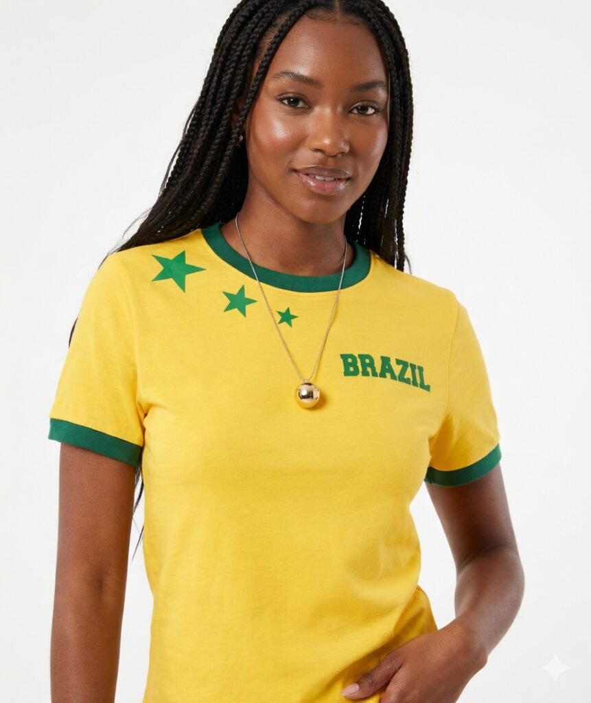 Blusa do Brasil Feminina Confortável de Gola Redonda e Manga Curta, vendida na Temu 