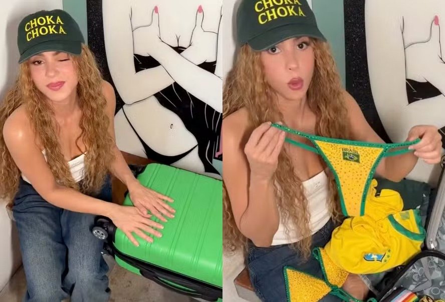 Shakira mostrando sua mala com roupas do Brasil , blusa, chinelo, biquini, para show em Copacabana Rio de Janeiro 