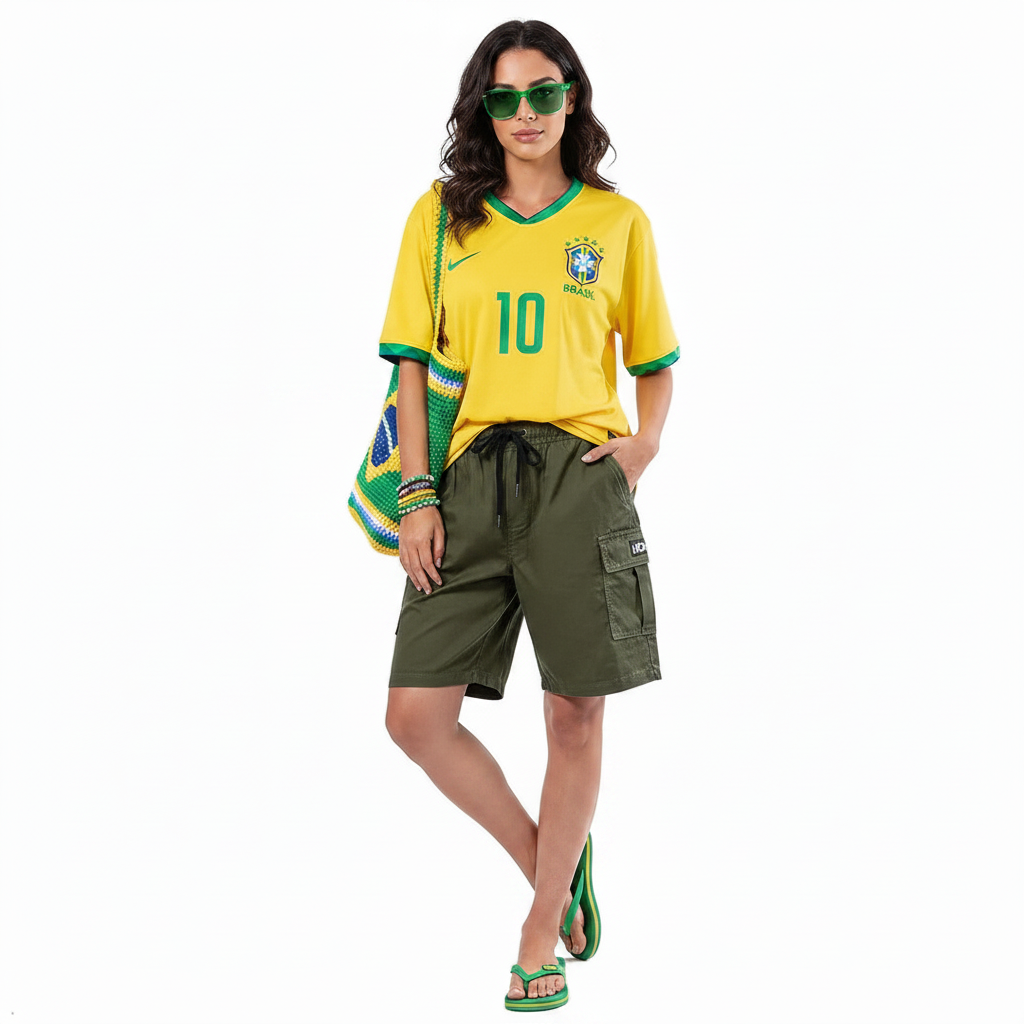 Mulher usando cargo verde ela esta frente com a camisa do brasil, estilo boyfriend 