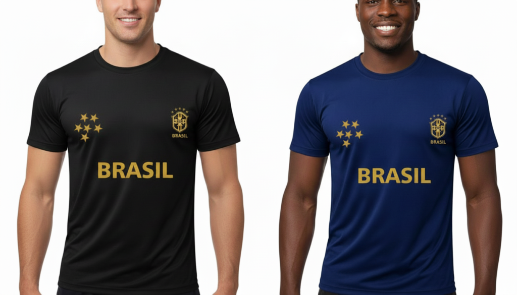 Camiseta  preta e azul do Brasil Dry Masculina Camisa Copa do Mundo Torcedor Elite