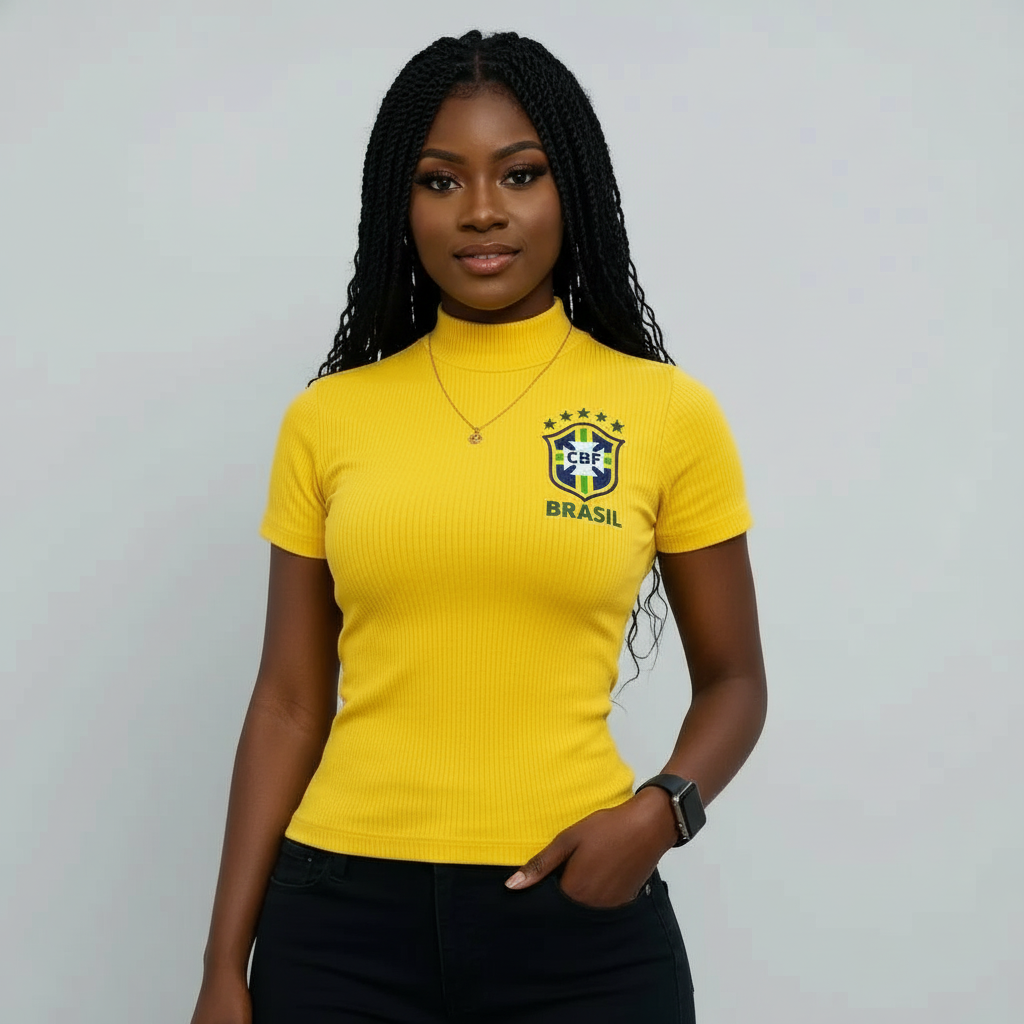 Mulher usando  Blusa Feminina Gola Alta Canelada, amarela do brasil 