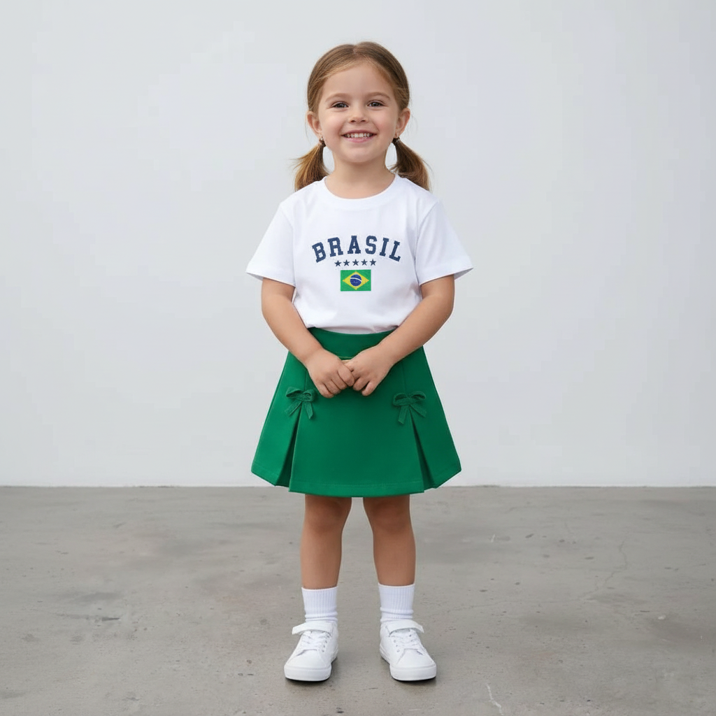Menina usando camisa branca escrita Brasil  com saia verde