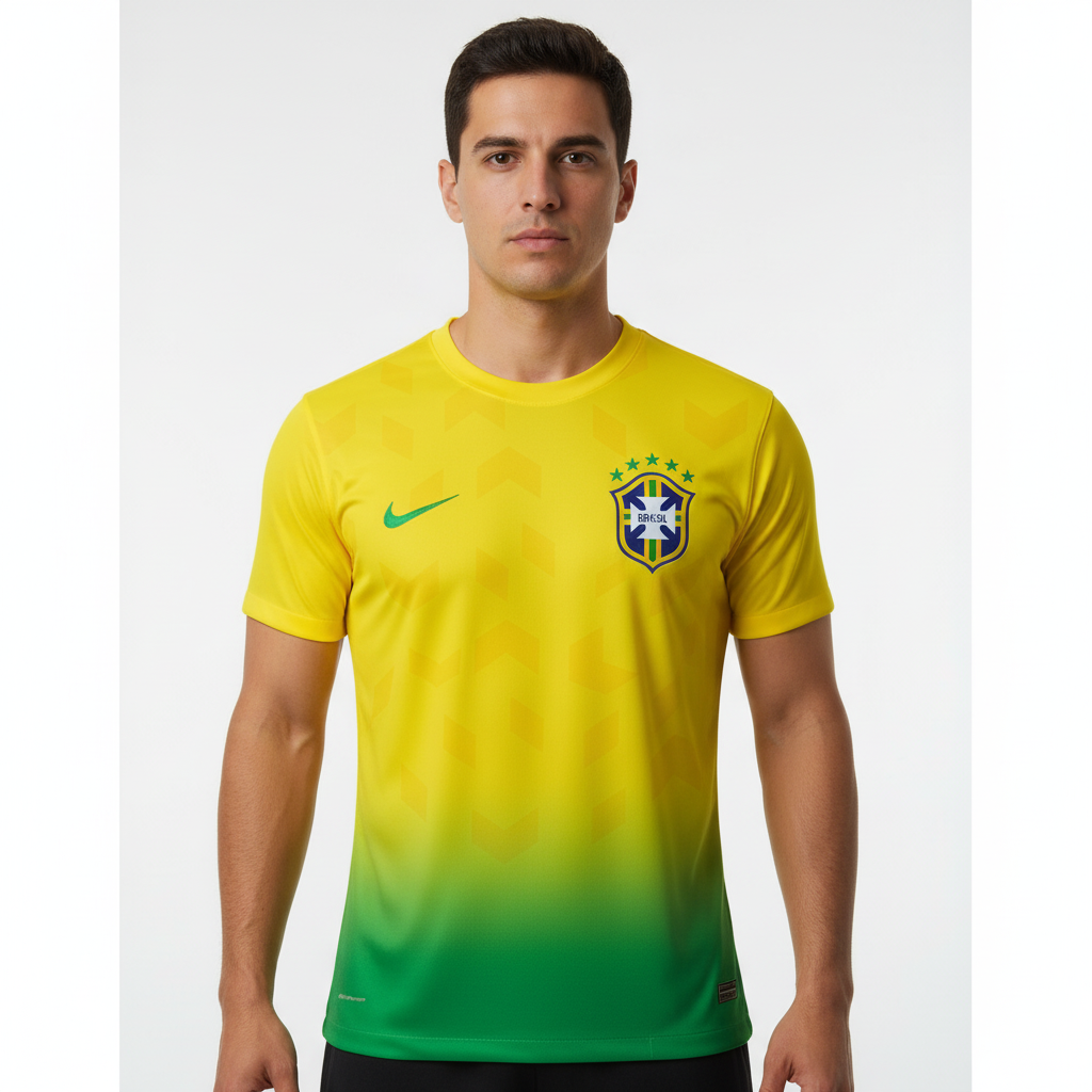 homem com Camiseta Esportiva Dryfit Brasil Copa Futebol verde e amarela cores mescladas 