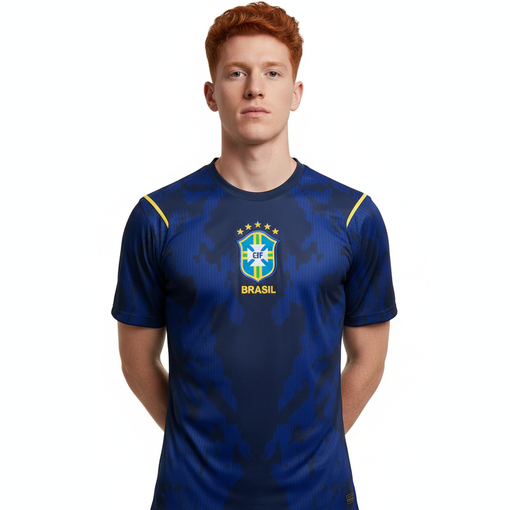 homem usandi Camisa Brasil Azul 2026 Lançamento Modelo Torcedor Premium