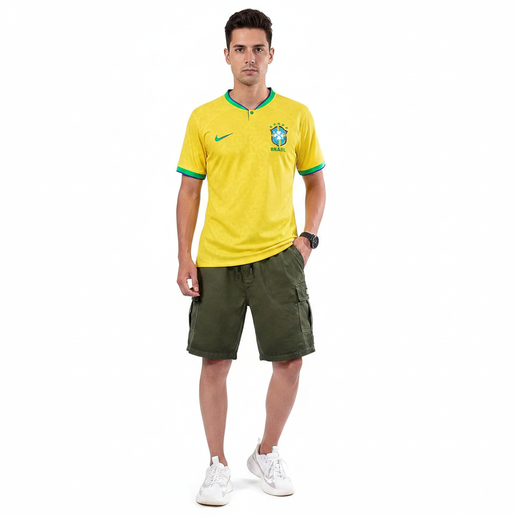 homem usando cargo verde e camisa amarela do brasil