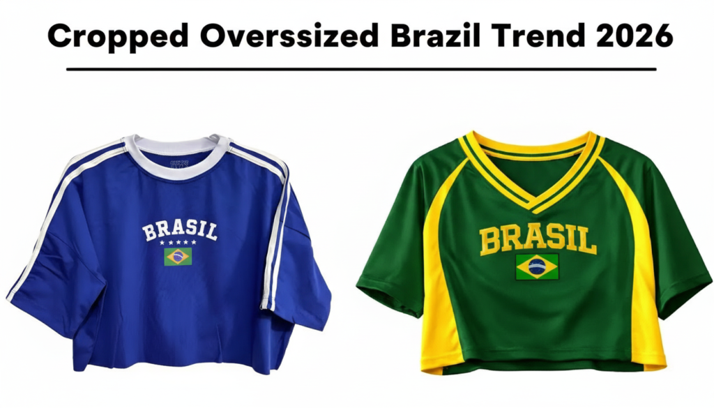 escrita em portugues do brasil "Cropped Oversized Brasil Tendência 2026"o titulo no meio