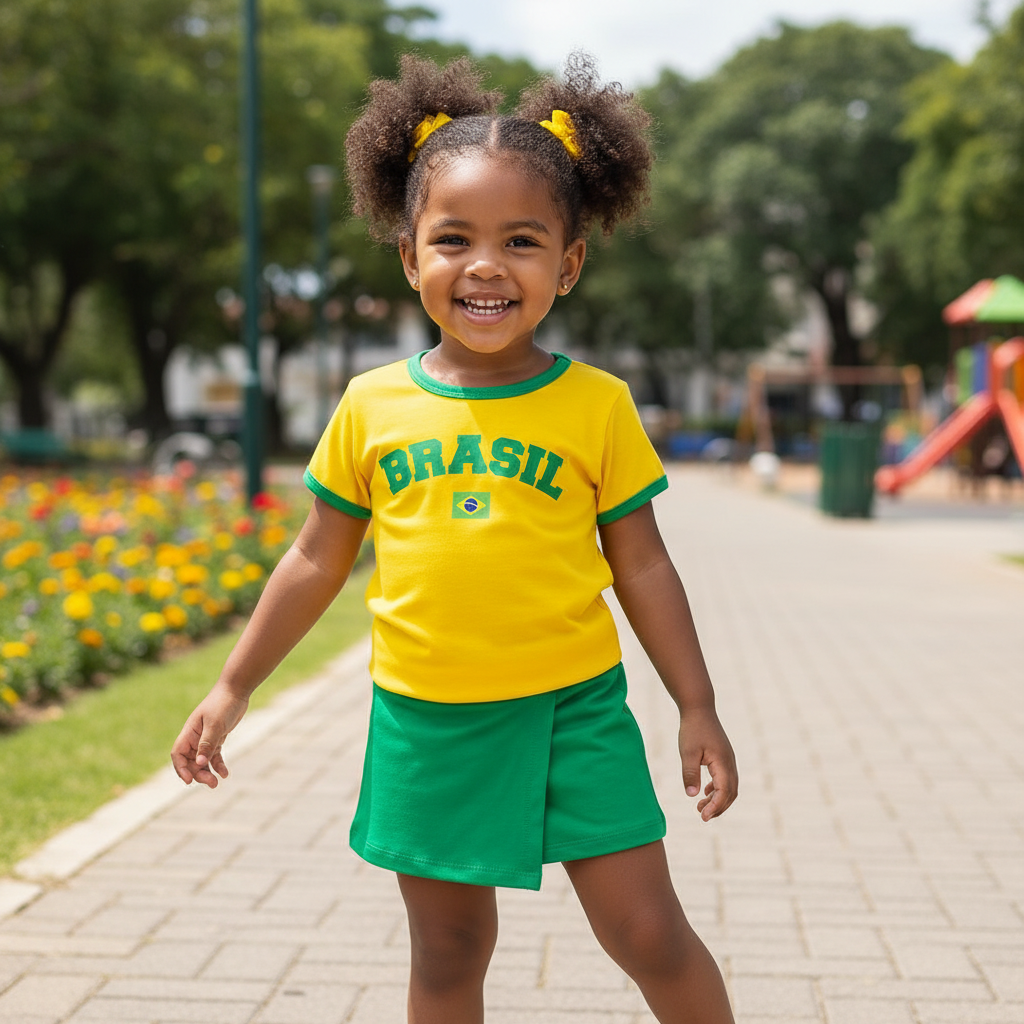 Menina usando camisa retrô amarela do brasil com saia verde