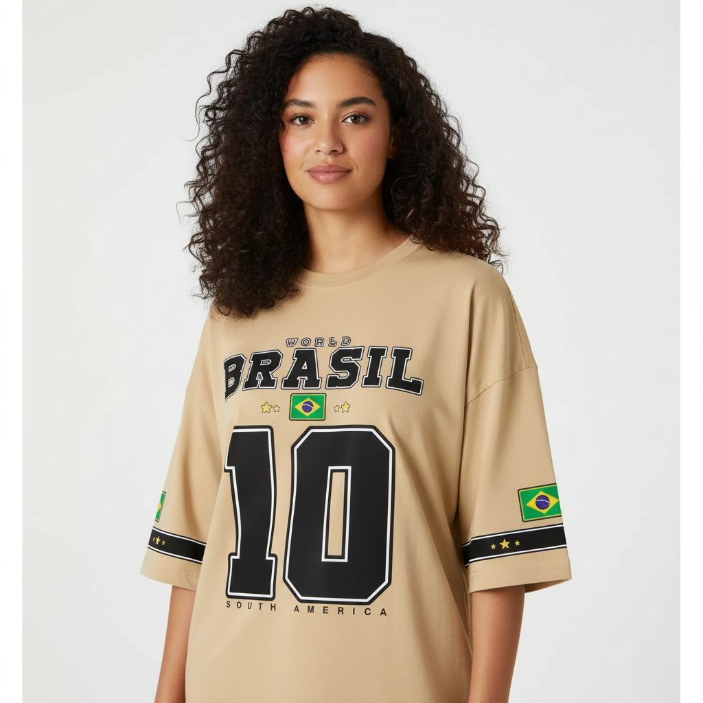 Camiseta Feminina Oversized do Brasil cor bege