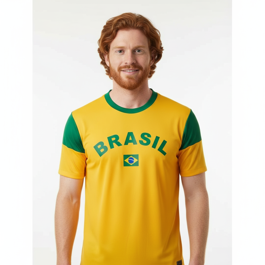 Homem usando camisa do brasil amarela everde retrô 