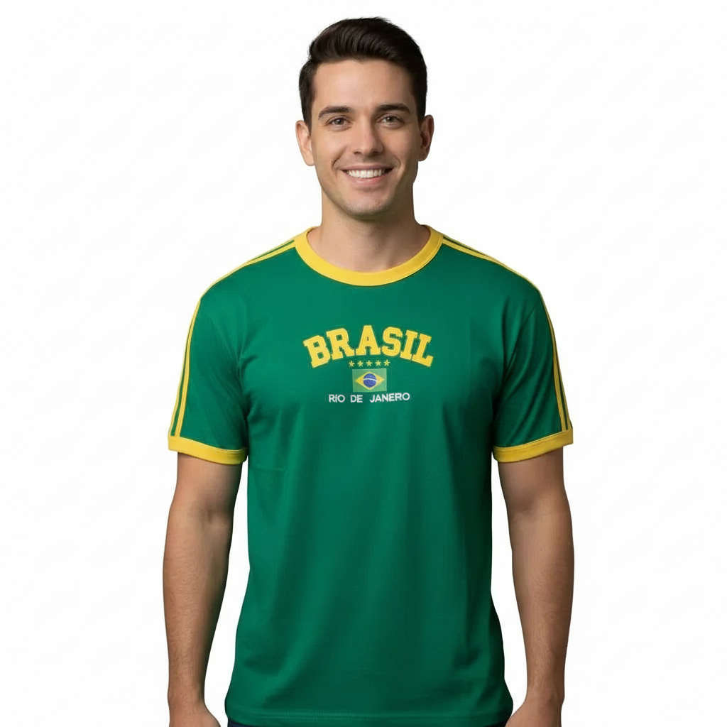 Homem Camisa  verde do Brasil Bordada Unissex Retrô