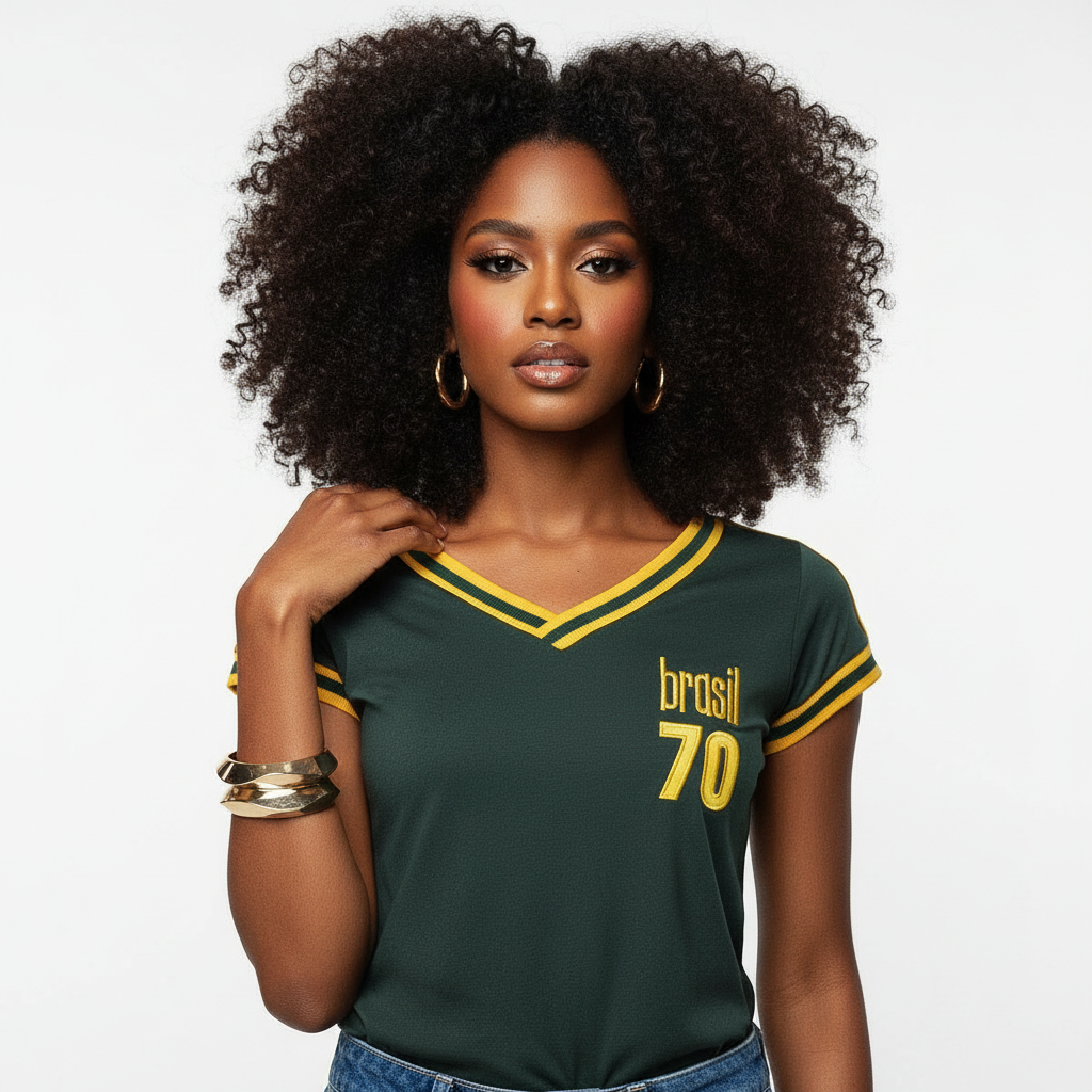 Mulher usando Camisa verde  Brasil Pelé Retrô Treino 1970