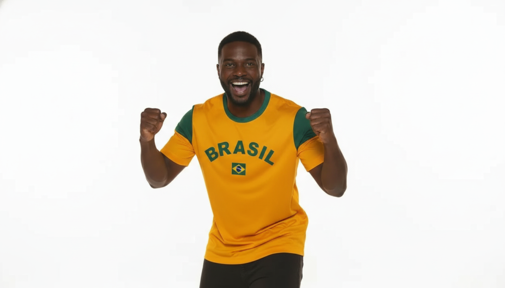 Homem negro sorrindo, usando  Camisa Seleção Brasileira Brasil Oficial
