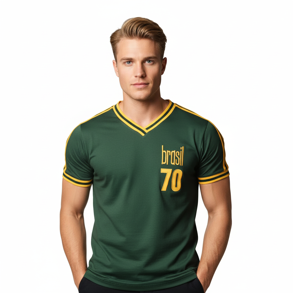 Homem  usando Camisa verde  Brasil Pelé Retrô Treino 1970