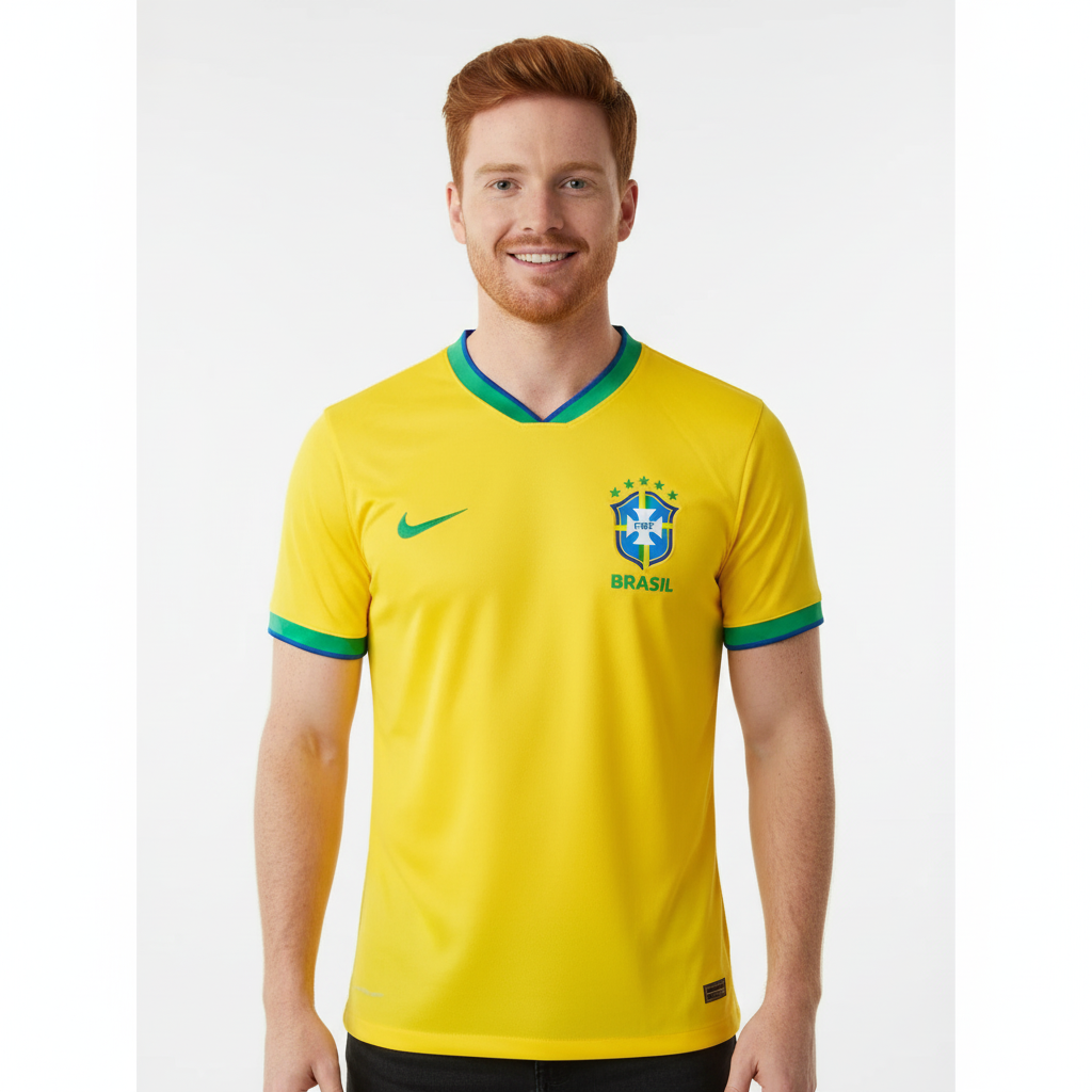homem usando Camiseta Brasil Torcedor Brasileira Malha Fit Esportiva Leve