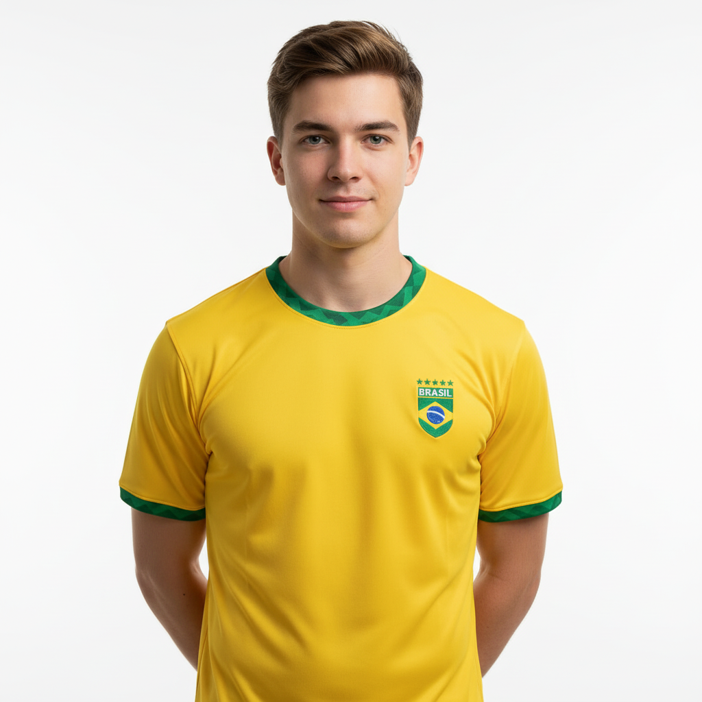 Homem usando Camiseta Brasil Masculina Torcida Esportiva Copa Patriota amarela