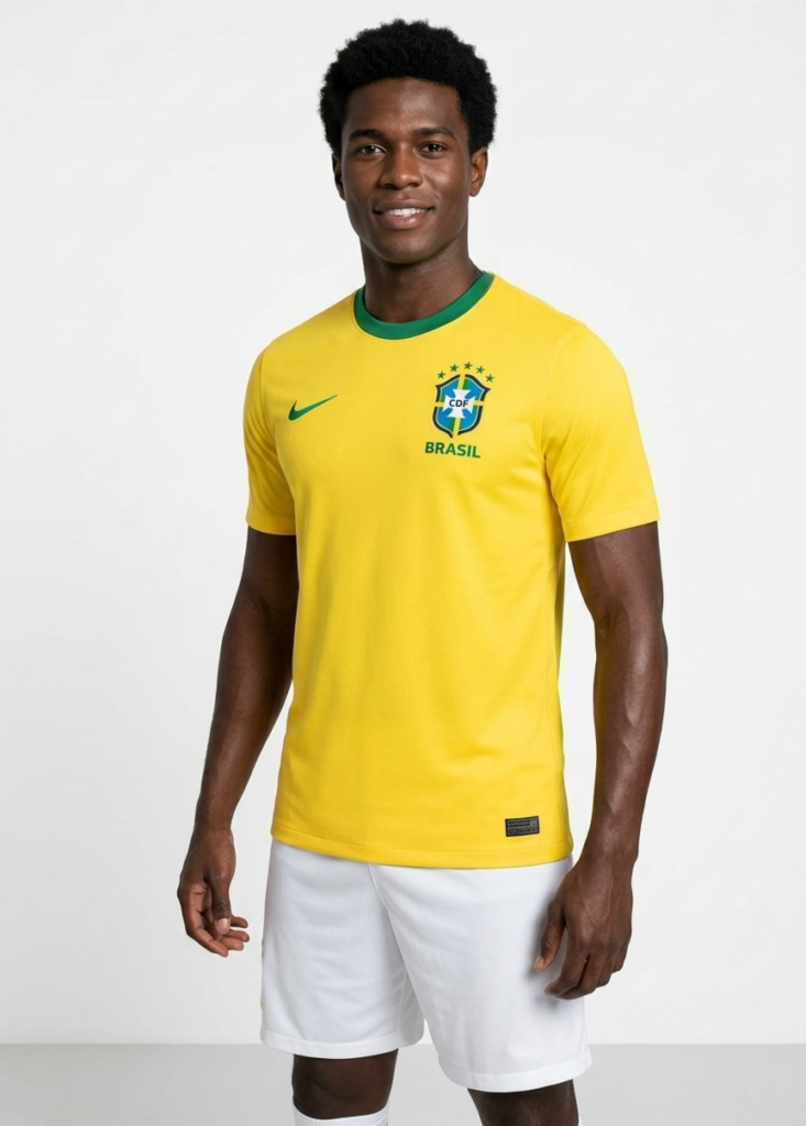 Homem negro bonito, vestido a camisa amarela o brasil da nike amarela original