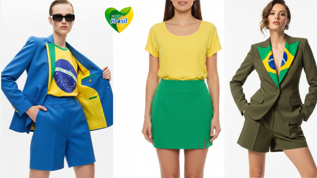 o conjunto de alfaiataria temático é a expressão máxima dessa fusão. Blazer , calça ou blazer,  bermuda em verde militar, core do brasil