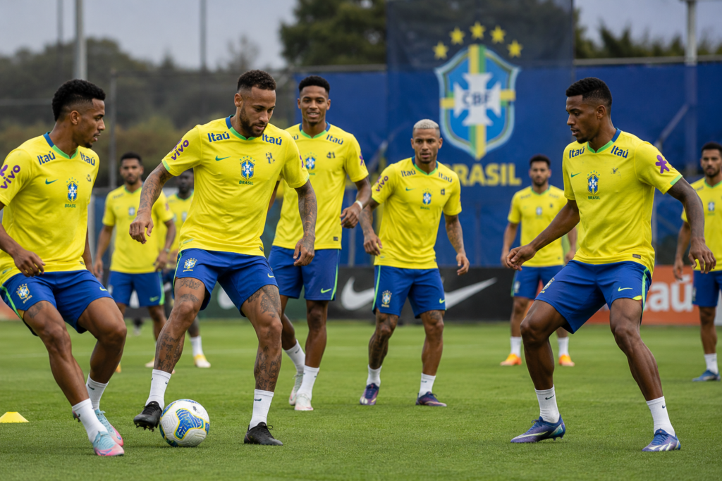 Jogadores convocados do Brasil para a Copa 2026 usando o novo uniforme amarelo da Nike durante treino oficial da Seleção Brasileira