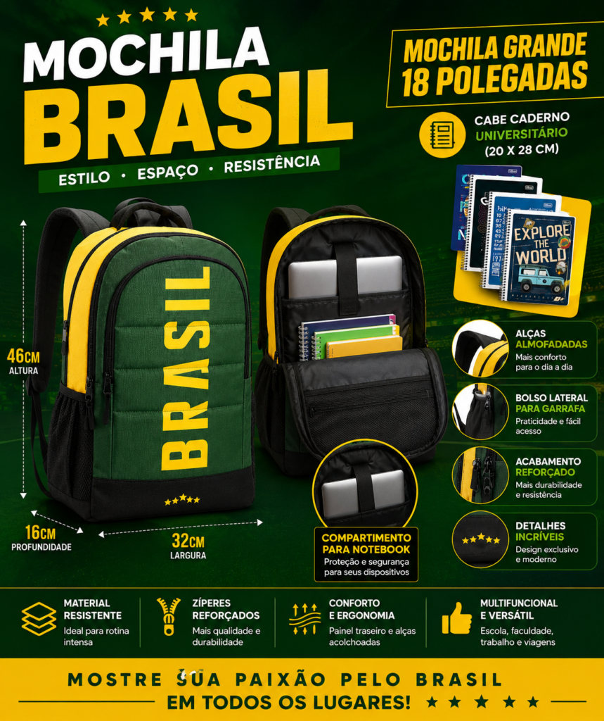 mochila notebook copa 2026, mochila brasil core, mochila masculina mercado livre,
