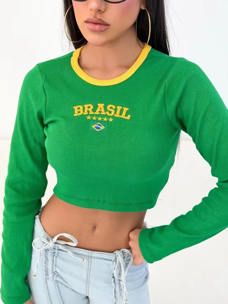 cropped brasil feminina manga longa verde